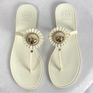 TORY BURCH Melody Thong Sandals Sz 8 Cream Jelly Flip Flop Medallion